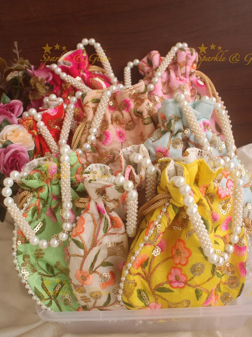 Heavy Embroidered 8.5*8 inch potli bags with white beads - Sparkle and Glow