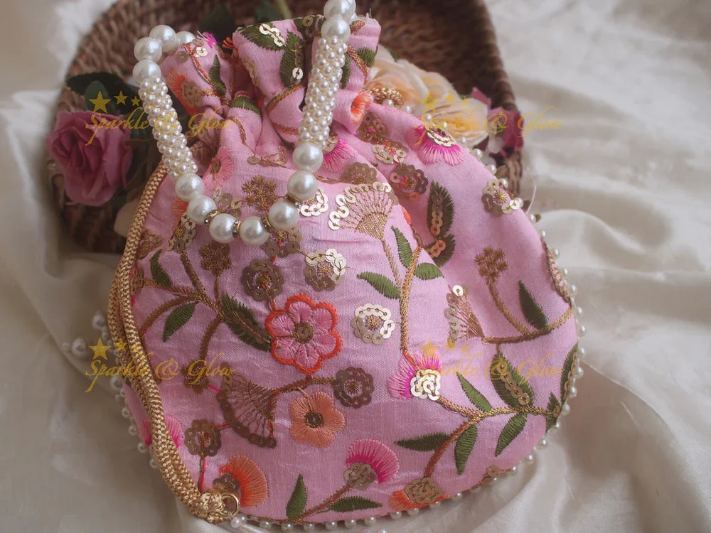 Heavy Embroidered 8.5*8 inch potli bags with white beads - Sparkle and Glow