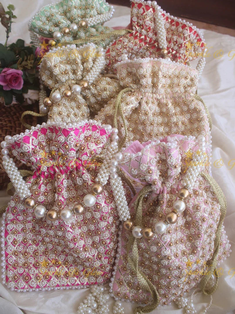 Embroidered and pearl work 8.5*8 inch potli bags with pearl and gold beads - Sparkle and Glow