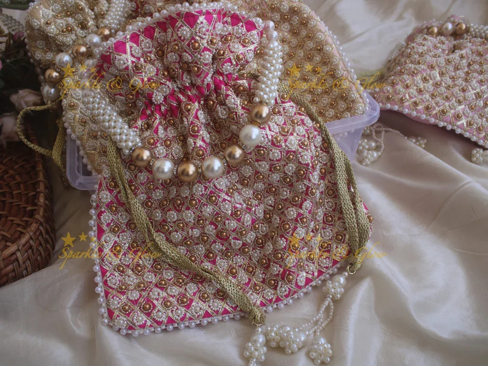 Embroidered and pearl work 8.5*8 inch potli bags with pearl and gold beads - Sparkle and Glow