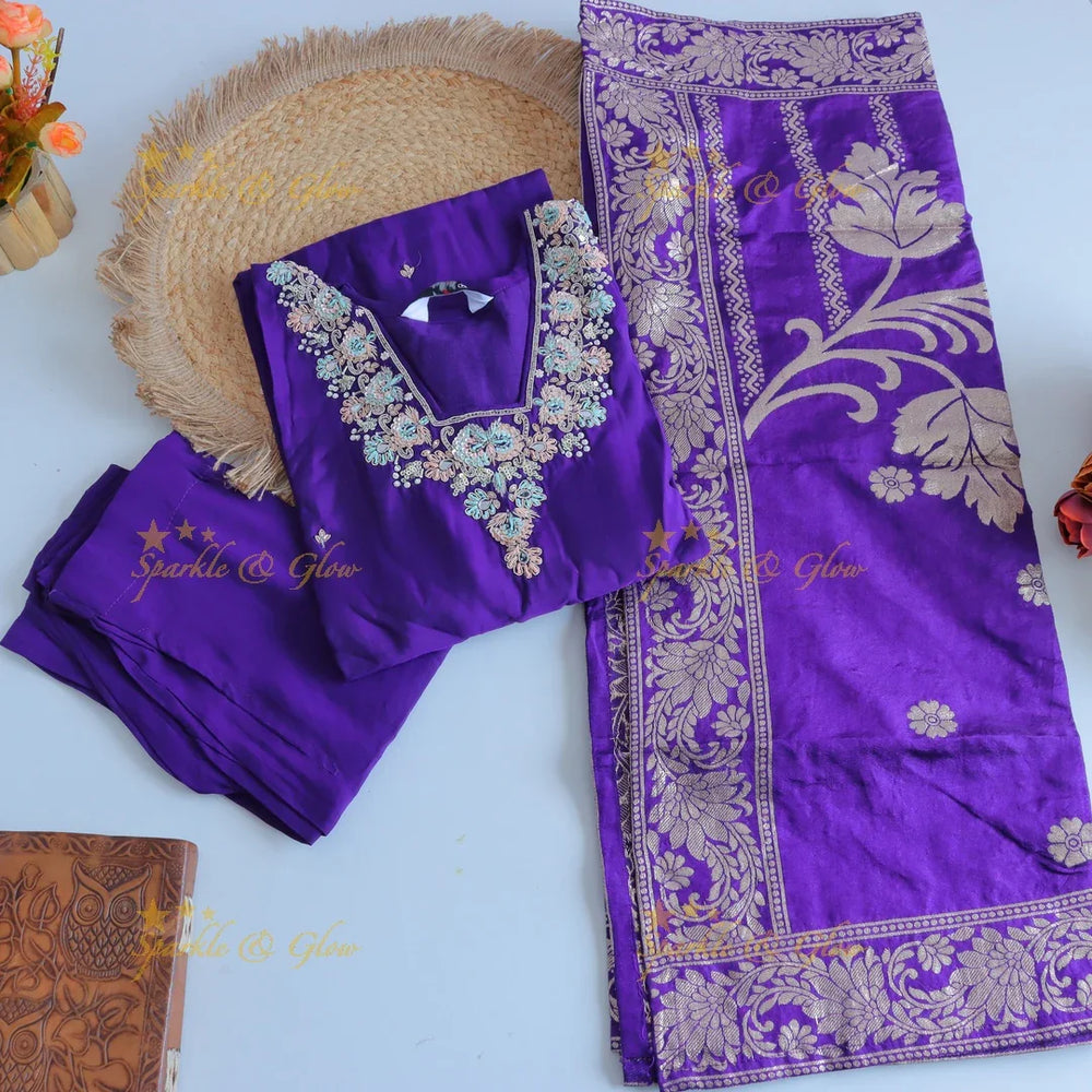 Gorgeous Roman Silk Kurti pant with Banarasi jacquard Dupatta set- Purple - Sparkle and Glow