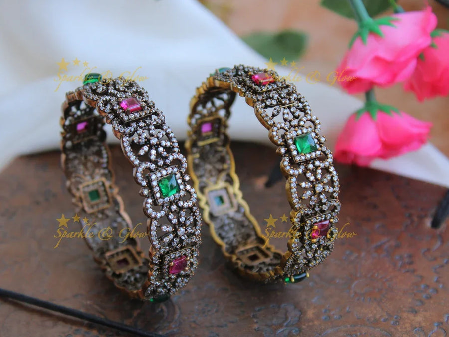 Stunning floral design black finish victorian bangles with ruby and emerald a pair, - Sparkle and Glow