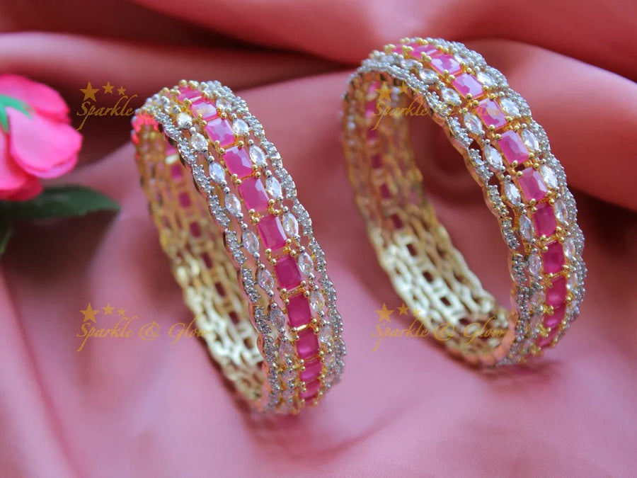 Grand intrecate american diamond bangle with ruby a pair, - Sparkle and Glow