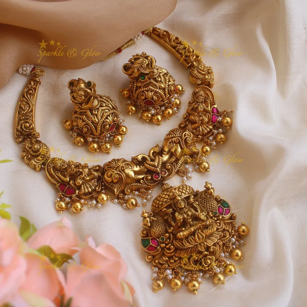 Exquisite Lakshmi elephant peacock carved short necklace with gold beads - Sparkle and Glow