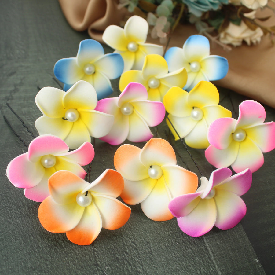 Multicolor Foam Plumeria Hair Pins – Set of 12 - Sparkle and Glow