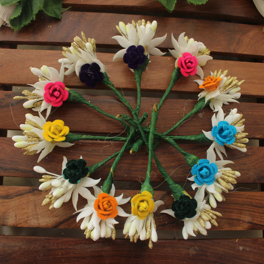 Multicolor Artificial Flower Hair Stick Set – Pack of 12 Floral Accessories - Sparkle and Glow