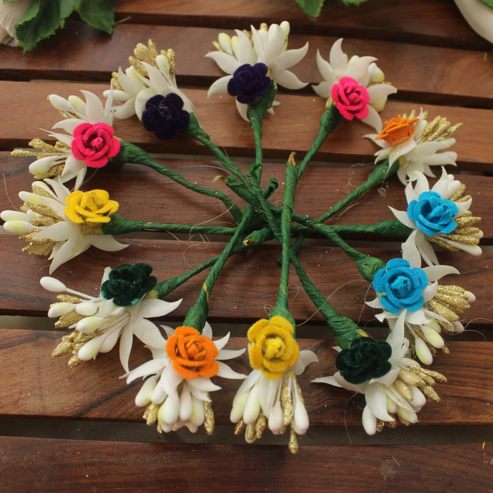 Multicolor Artificial Flower Hair Stick Set – Pack of 12 Floral Accessories - Sparkle and Glow