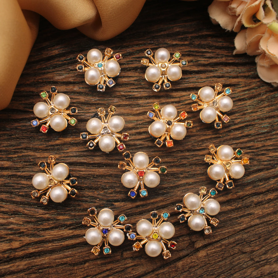 Multicolor Stone & Pearl Floral Embellishments – Set of 12 - Sparkle and Glow