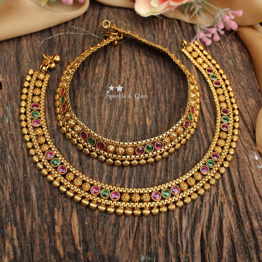Traditional Gold-alike Anklet Set with Multicolor Stones - Sparkle and Glow