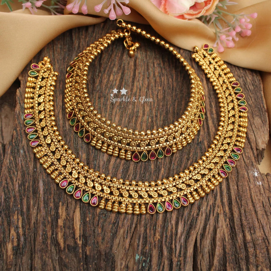 Antique Gold Plated Anklet Set with Multicolor Stone Drops - Sparkle and Glow