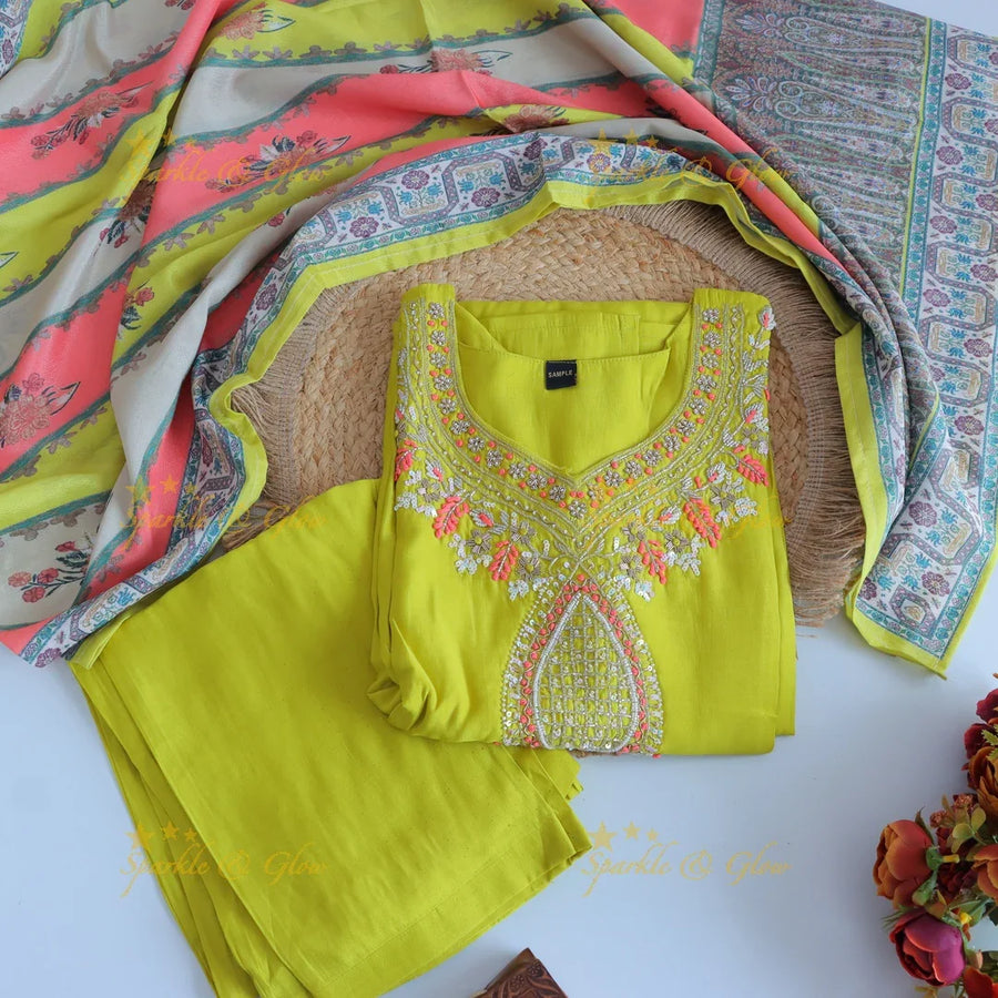Stunning Modal Silk Kurti pant with digital Print Dupatta set - Lemon Yellow - Sparkle and Glow