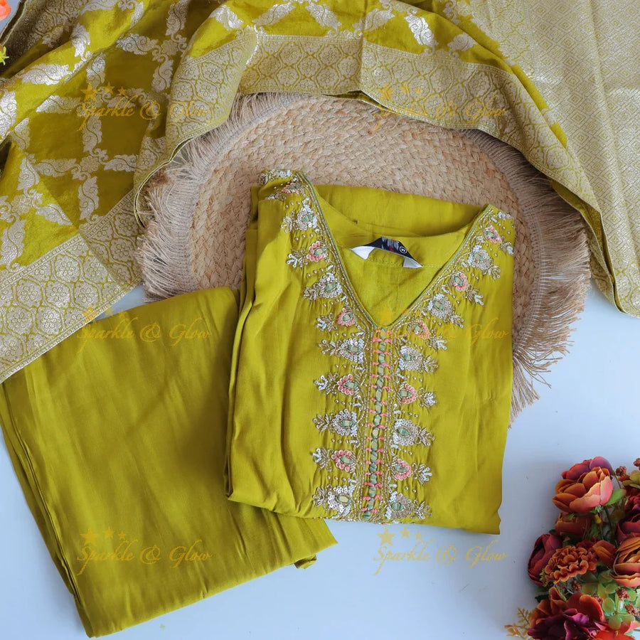 Gorgeous Roman Silk Kurti pant with Banarasi jacquard Dupatta set- Mustard Yellow - Sparkle and Glow