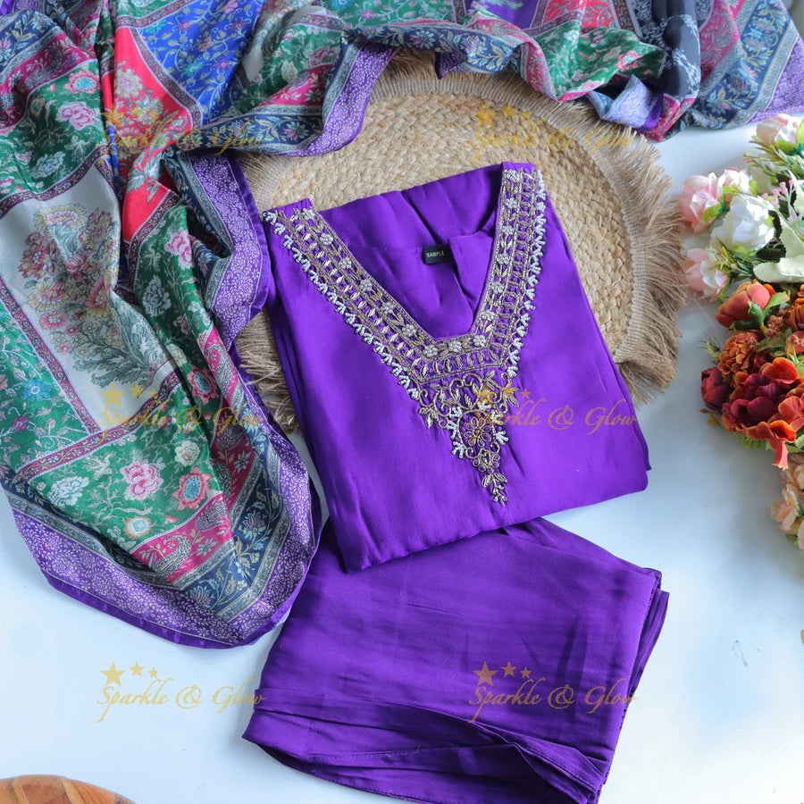 Stunning Modal Silk Kurti pant with digital Print Dupatta set- Purple - Sparkle and Glow