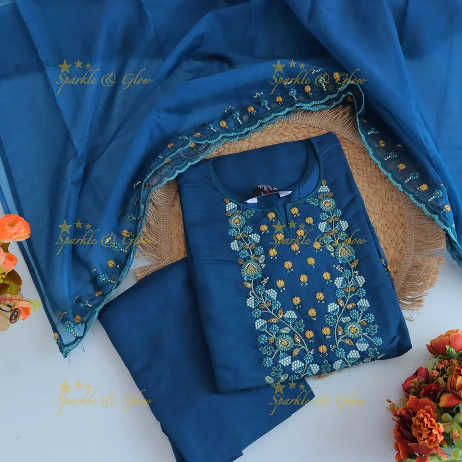 Beautiful Modal Silk Kurti pant with Organza Dupatta set- Blue - Sparkle and Glow