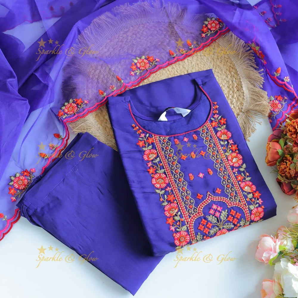 Beautiful Modal Silk Kurti pant with Organza Dupatta set- Purple - Sparkle and Glow