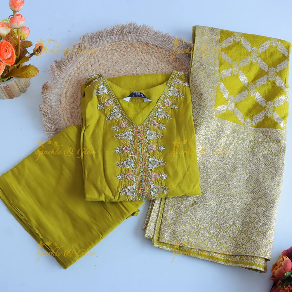 Gorgeous Roman Silk Kurti pant with Banarasi jacquard Dupatta set- Mustard Yellow - Sparkle and Glow