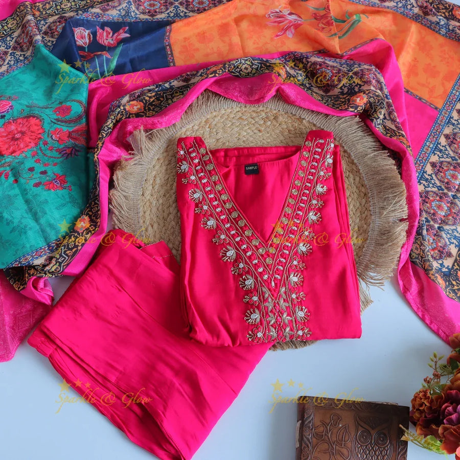 Stunning Modal Silk Kurti pant with digital Print Dupatta set- Pink - Sparkle and Glow
