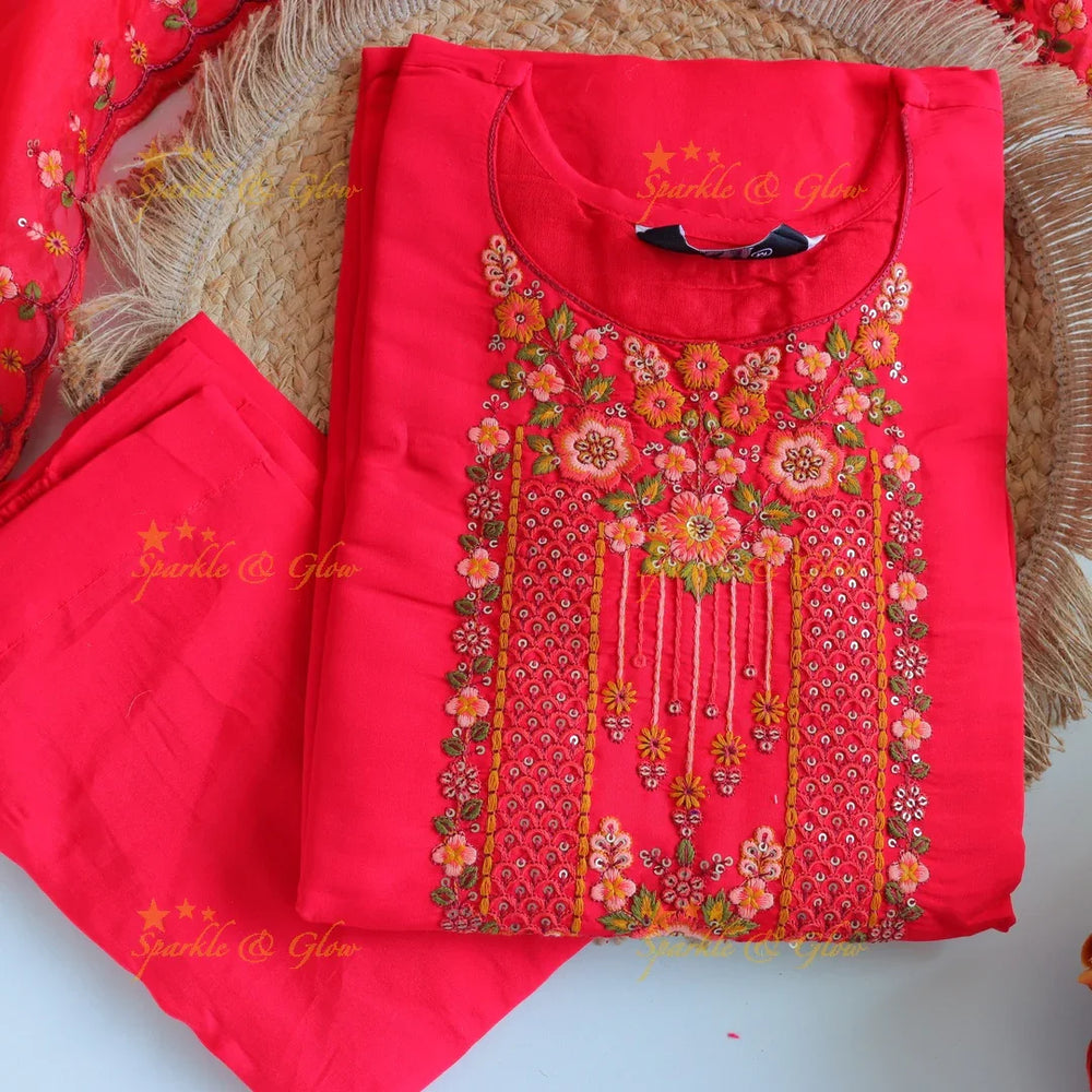 Beautiful Modal Silk Kurti pant with Organza Dupatta set- Pink - Sparkle and Glow