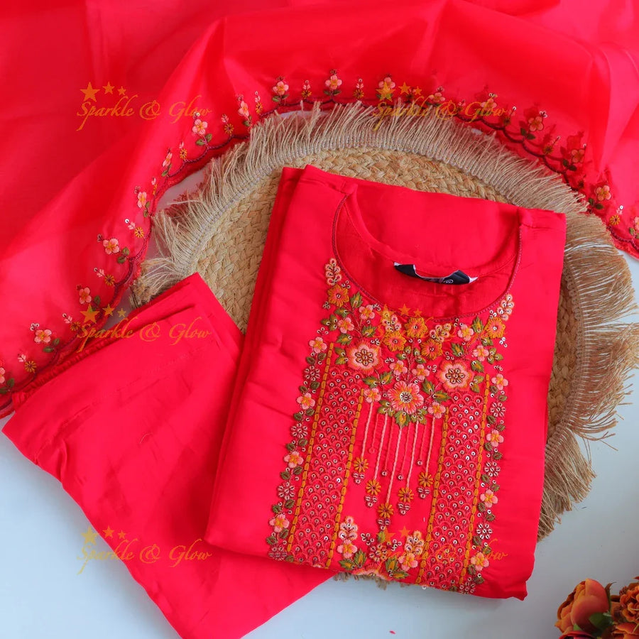 Beautiful Modal Silk Kurti pant with Organza Dupatta set- Pink - Sparkle and Glow
