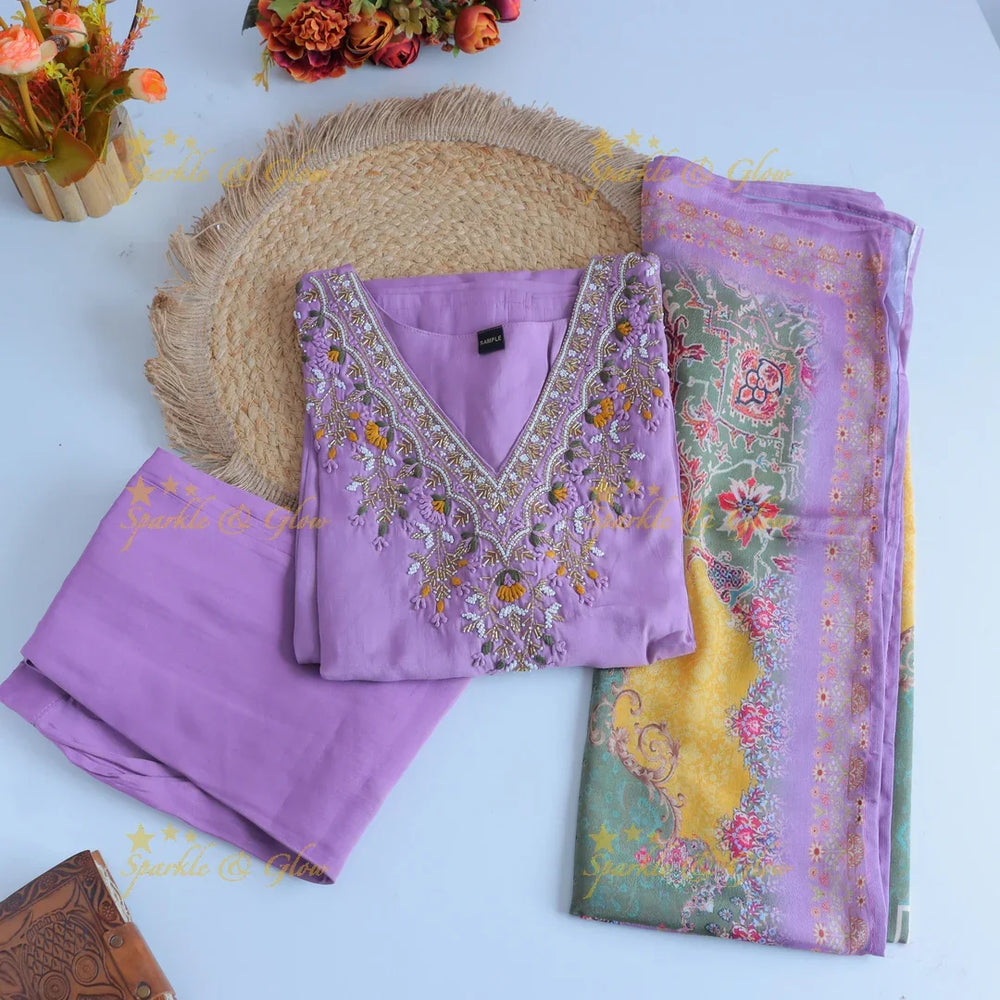 Stunning Modal Silk Kurti pant with digital Print Dupatta set - Lavender - Sparkle and Glow