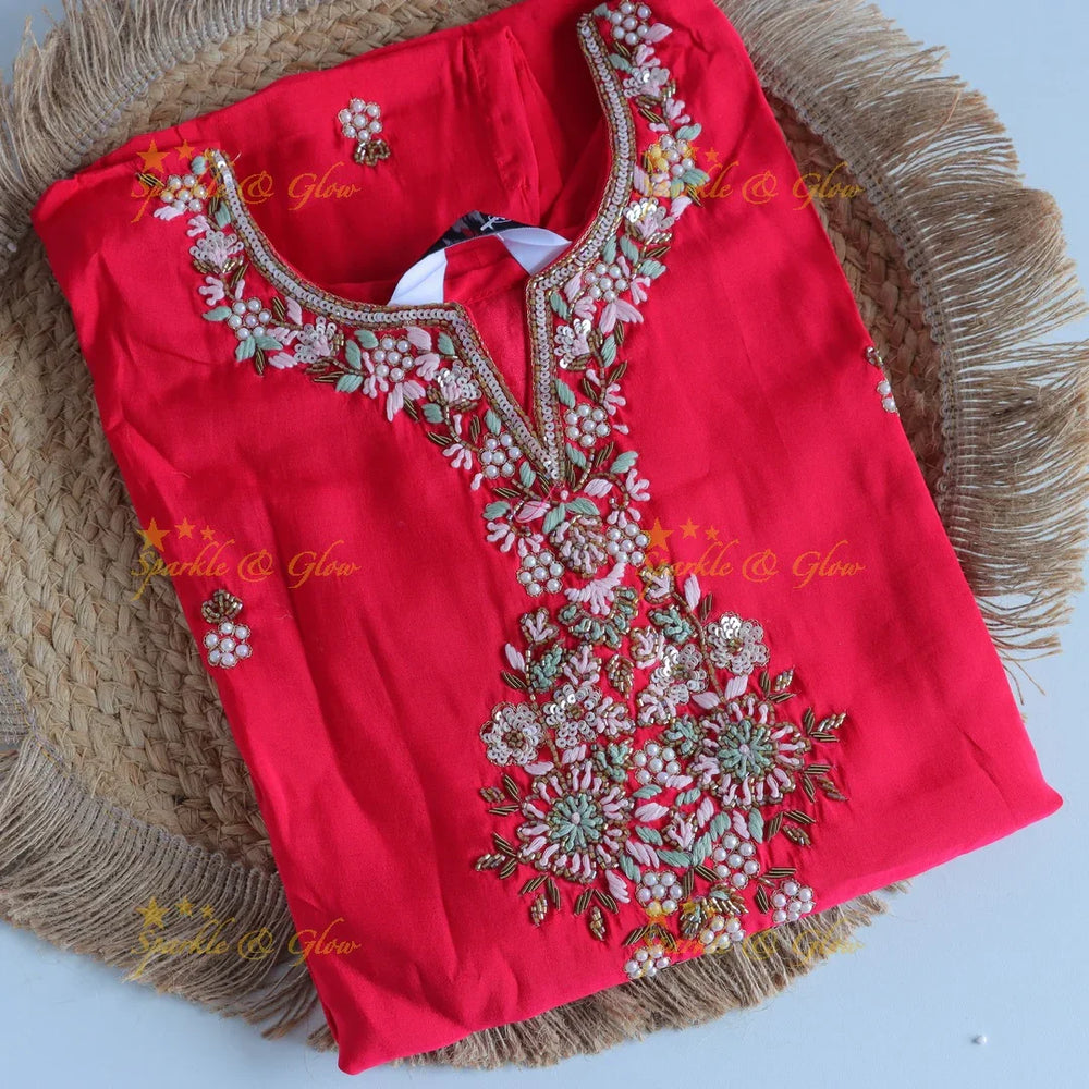 Gorgeous Roman Silk Kurti pant with Banarasi jacquard Dupatta set- Red - Sparkle and Glow