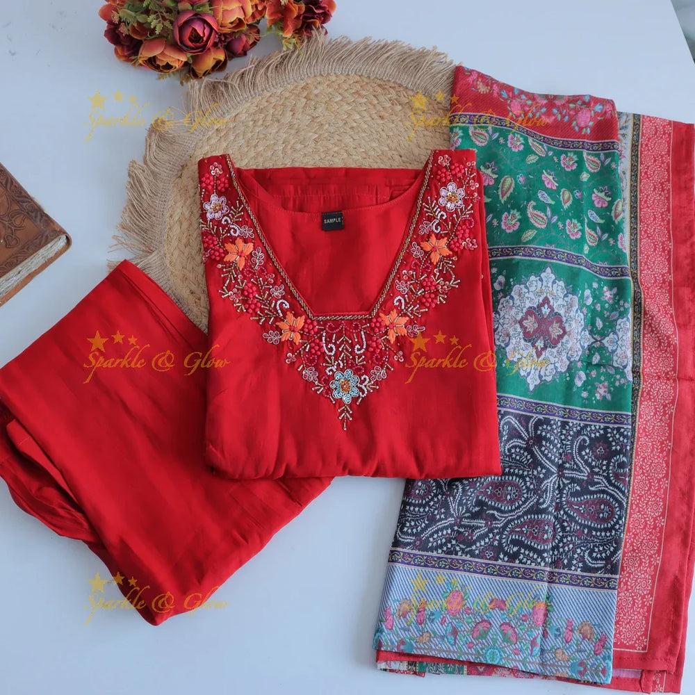 Stunning Modal Silk Kurti pant with digital Print Dupatta set- Red - Sparkle and Glow
