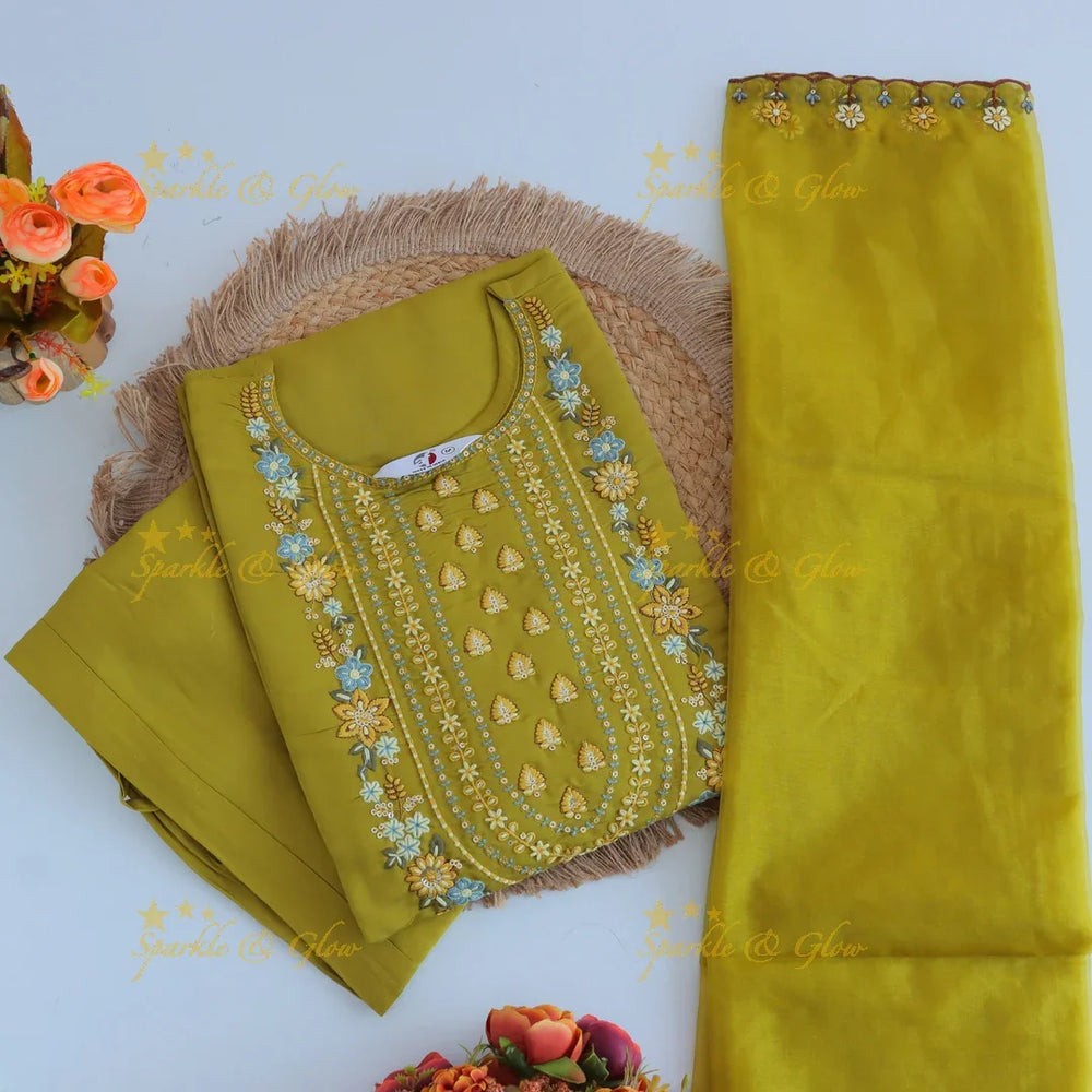 Beautiful Modal Silk Kurti pant with Organza Dupatta set- Mustard Yellow - Sparkle and Glow