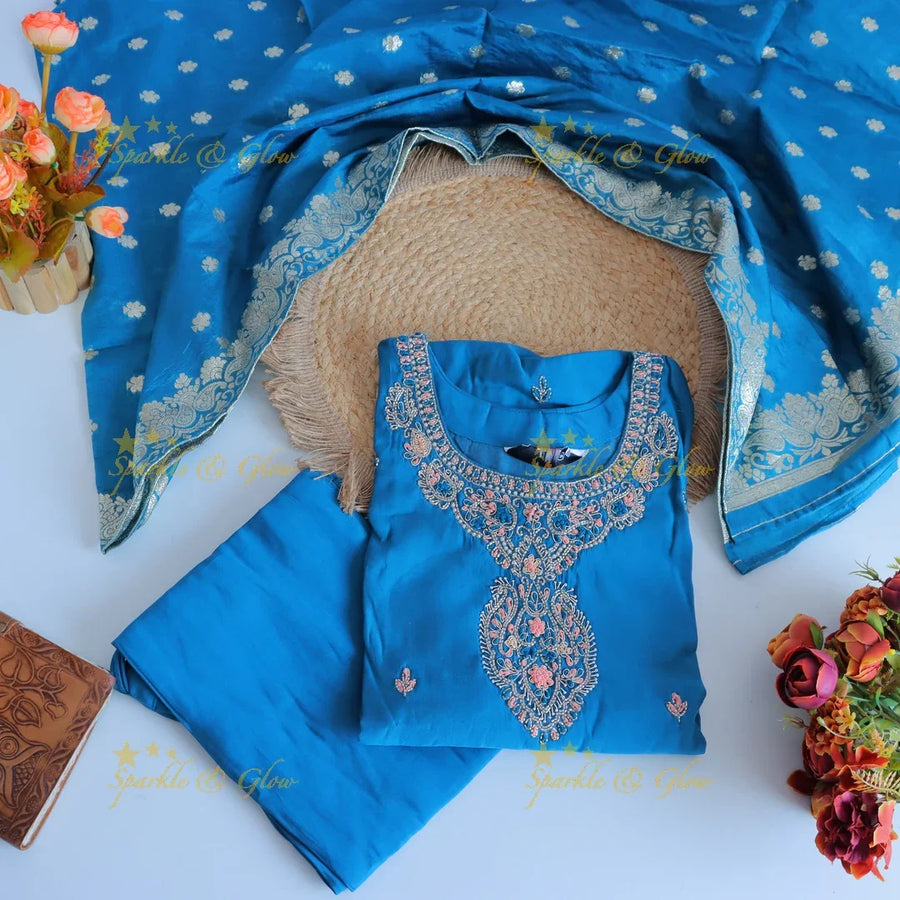 Gorgeous Roman Silk Kurti pant with Banarasi jacquard Dupatta set- Blue - Sparkle and Glow